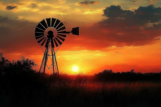 silhouetted windmill standing above tall grasses and low shrubs as the sun sets into a dramatic orange and gold clouded sky, evoking a serene and nostalgic calm