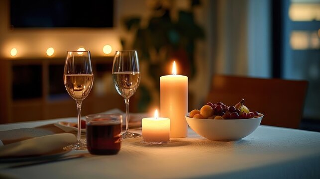 intimate candlelit table with two wine glasses, glowing pillar candles, a bowl of fruit and soft evening lights creating a warm romantic atmosphere