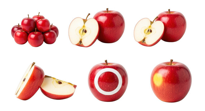 Collection of fresh red apples with various cuts and arrangements isolated on transparent background