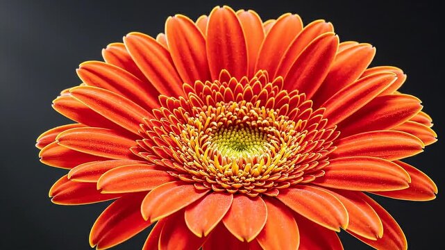 Orange gerbera flower blooming on black background, macro timelapse