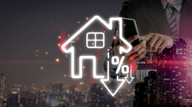 Businessman Using Smartphone to Analyze Property Market Trends with Home Icon and Falling Graph Indicating Decreased Property Value at Night Cityscape Sigmoid