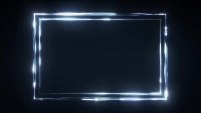 A futuristic motion graphics element featuring a glowing neon rectangular frame with a blue-white light border on a black background, designed as a UI template