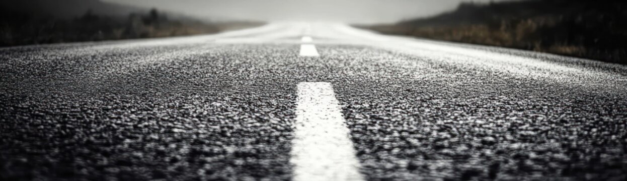 low-angle wet asphalt road with central white line leading into foggy horizon, empty desolate roadside and moody overcast sky conveying solitude and quiet journey