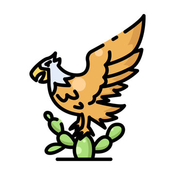 Mexican Eagle Icon on Cactus Fill Cut Vector Illustration