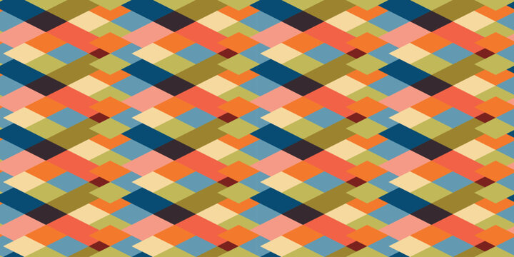 Mid-Century Modern Seamless Geometric Pattern with Colorful Mosaic Parallelogram Shapes and Retro Woven Effect