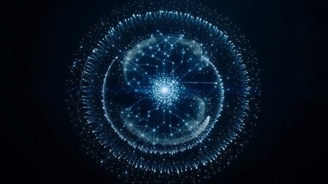 A glowing blue digital circle with a neon light effect forms a futuristic technology background and abstract motion graphics element.