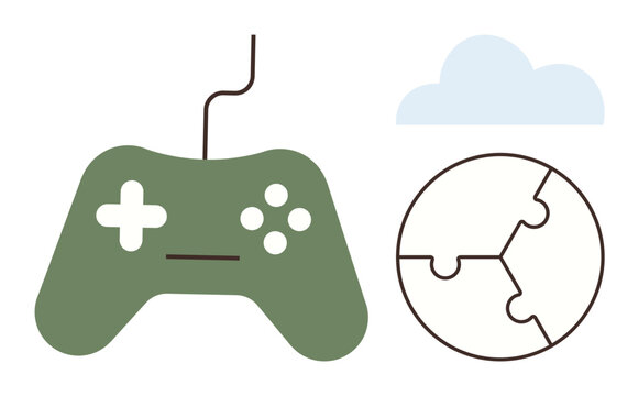 Online gaming, teamwork, collaboration, connectivity, digital entertainment, global gaming. Gaming controller, puzzle globe and cloud icon. Online gaming and teamwork concept