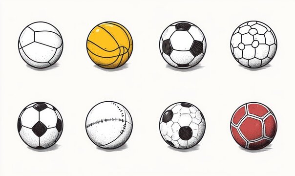 Playful hand-drawn collection of eight sports balls in two rows: volleyball, yellow basketball, classic and patterned soccer balls, stitched baseball, worn soccer and red handball, nostalgic mood