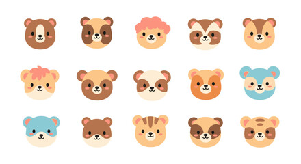 Fototapeta premium A group of cute animal faces with different expressions are shown in rows on a plain surface.