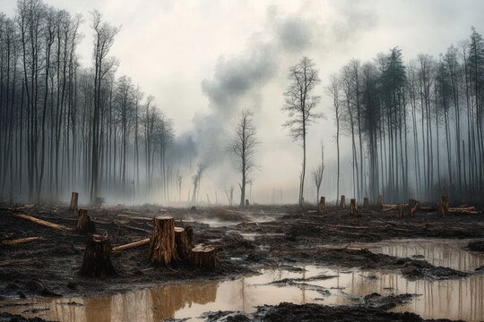 bleak foggy clearcut with jagged tree stumps, standing bare trunks, pools of muddy water and drifting smoke conveying desolation