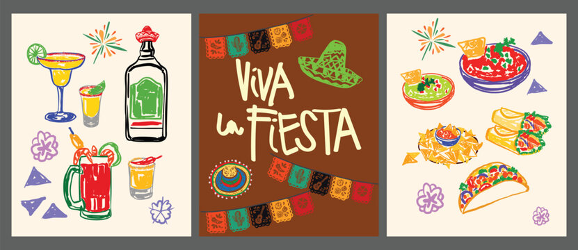 Cinco De Mayo Viva La Fiesta Poster with Mexican Food and Drinks Set