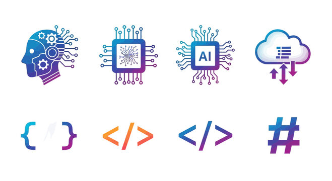 A futuristic scene showcasing various technological symbols and coding elements on a clean surface.