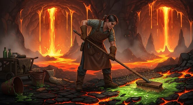 A figure with a broom cleans a cave floor from green sludge, lava falls, in an otherworldly, dark environment