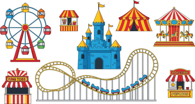 Set of colorful vector amusement park attractions featuring a ferris wheel roller coaster circus tent carousel castle and carnival food booths