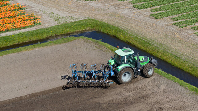 Aerial view of a green tractor plowing a field near a water canal and orange tulip rows in Heiloo, North Holland, Netherlands.