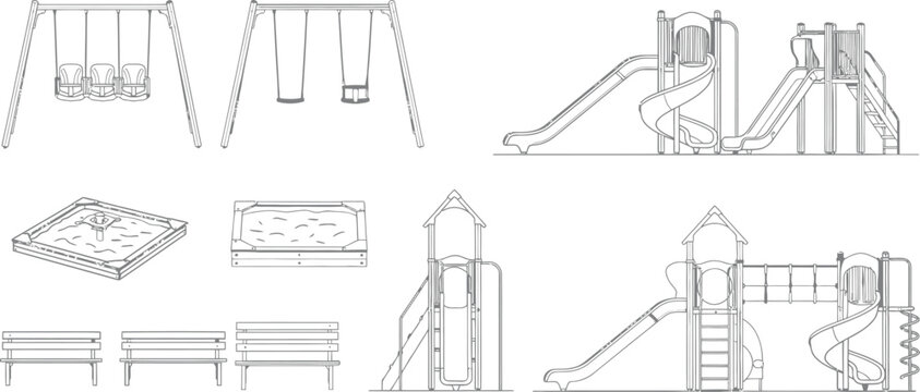 Collection of technical CAD vector line drawings featuring playground equipment like swings slides sandboxes and park benches for architectural landscape planning