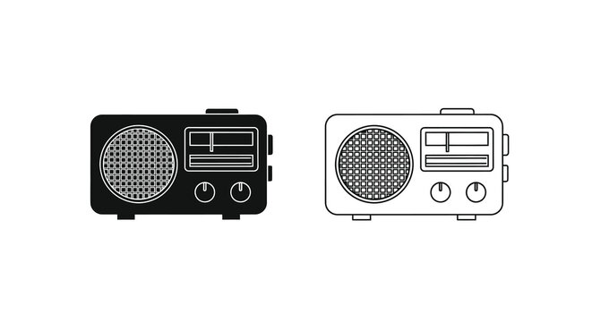 This image displays two simple black and white line art illustrations of vintage transistor radios side by side