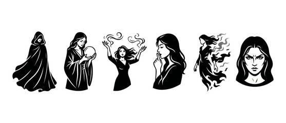 Fototapeta premium Witch silhouette collection set, fantasy sorceress icons with magic spell and crystal ball, dark mystical woman characters in flowing robes, black and white vector art design for occult or gothic them