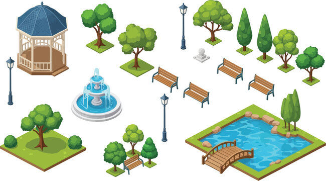 Isometric Vector Illustration Set of City Park Elements Featuring Gazebo Fountain Pond with Bridge Benches Trees and Street Lamps for Urban Map Design