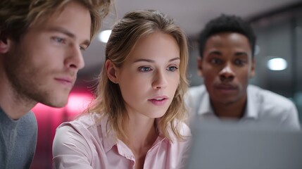Obraz premium Diverse colleagues gathered closely around a laptop intensely focused on collaborative work in a contemporary professional setting