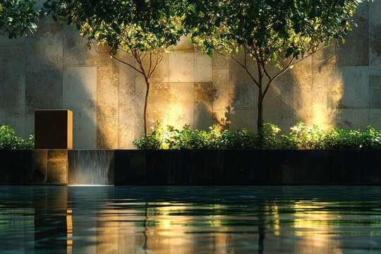 Tranquil illuminated courtyard pool at dusk with gentle waterfall, two slender trees, lush shrubs and warm wall lighting reflected on still water