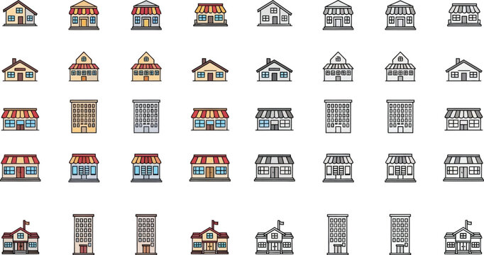 Comprehensive collection of vector building icons featuring houses shops apartments and schools in flat line art style for urban planning and web design