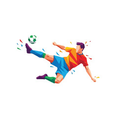 A soccer player performing a bicycle kick, rendered in sharp triangular shards and geometric fragments. Dynamic movement frozen in a minimalist flat style. Maximum 5 colors, high contrast © farahnian