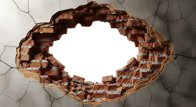 Realistic broken brick wall with a large hole in the center