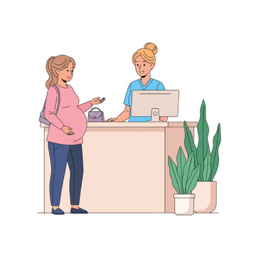 Pregnant woman checking in at a medical reception desk with a friendly female receptionist for her appointment.