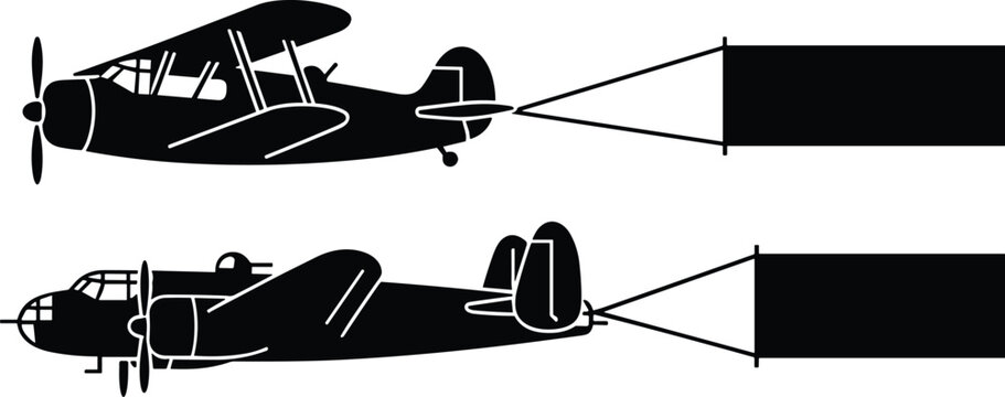 Airplane banner silhouette, biplane and monoplane towing rectangular signs, aviation advertising concept, black aircraft illustration, aerial marketing design