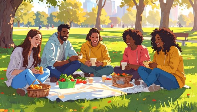 A group of close friends enjoying a simple picnic lunch together on a warm sunny afternoon in the quiet park