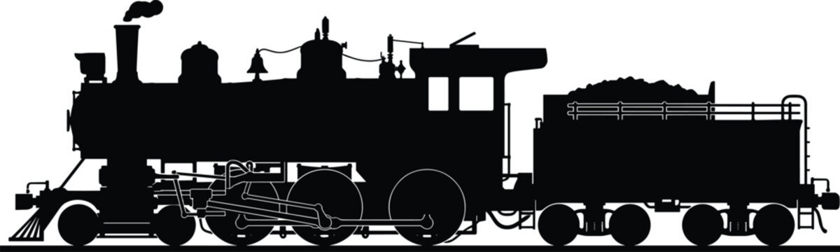 Steam locomotive silhouette with tender, classic train design illustration, vintage railway engine artwork, historical transportation concept, black mechanical silhouette