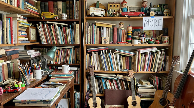 Vintage home office with cluttered bookshelves, antique toys and acoustic guitars, cozy study room with wooden library shelves and books
