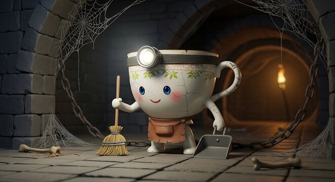 A cute animated teacup character is a diligent cleaner in a spooky underground environment. It holds a broom and dustpan, smiling