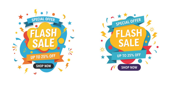 Vibrant flash sale banners with colorful decorations and discounts are displayed prominently online.