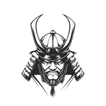 Hand drawn monochrome sketch of a japanese samurai mask isolated on a white background