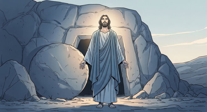 Jesus Christ stands before an open tomb, symbolizing his glorious resurrection and victory over death, bringing hope and salvation to all mankind.