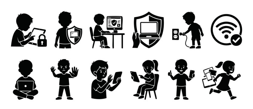 Kids Internet Safety Icons Set, Children Digital Security and Cyber Protection Vector, Online Privacy for Students, Laptop Tablet Usage Rules, Parental Control and Network Monitoring Graphics Collecti
