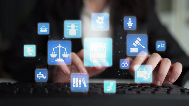 Law icons illustrate justice, court, and regulation system. Law represents fairness, law supports police, and law connects with rules, rights, and enforcement. Funnel