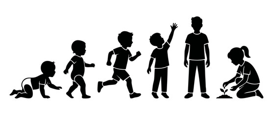 Fototapeta na wymiar Child development stages silhouette set, infant to teenager growing process, boy and girl icons showing human growth cycle and childhood milestones for education, biology, family growth and biology co