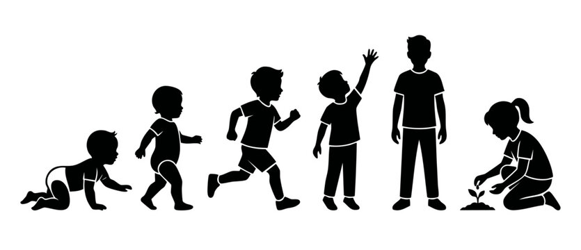 Child development stages silhouette set, infant to teenager growing process, boy and girl icons showing human growth cycle and childhood milestones for education, biology, family growth and biology co