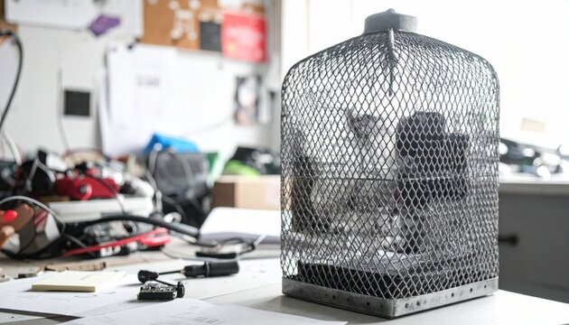 An improvised metal mesh Faraday cage shielding electronics on a cluttered workbench, showcasing experimental protection.