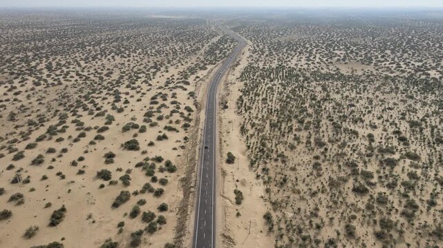 Aerial View of Highway Cutting Through Thar Desert Jaisalmer Rajasthan India