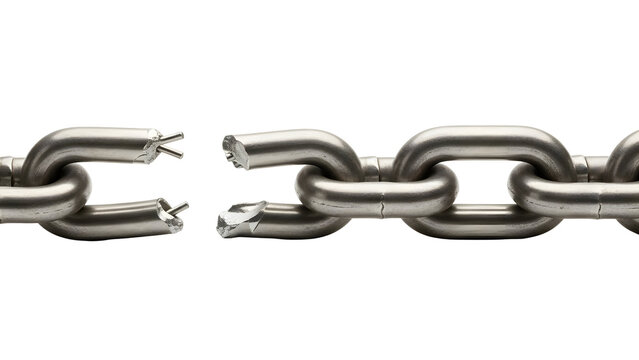 Broken metal chain link symbolizing weakness and failure.