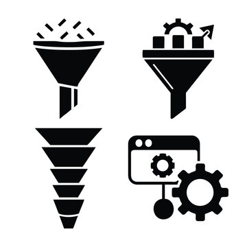 Marketing and sales funnel flat vector icons set with data filtering and optimization.