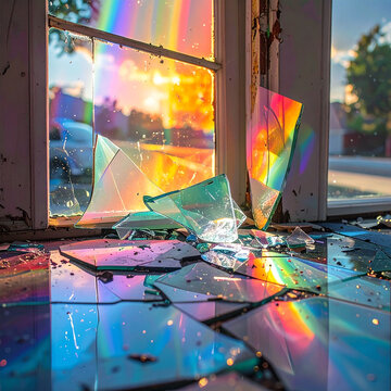 Broken window glass with vibrant rainbow light refraction.