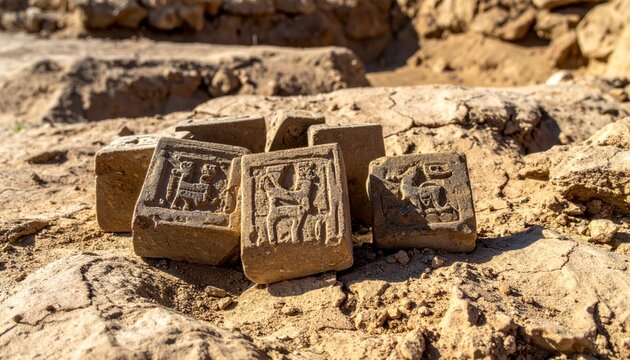 Collection of ancient Indus Valley Civilization square seals featuring intricate pictographs on a sandy archaeological site.