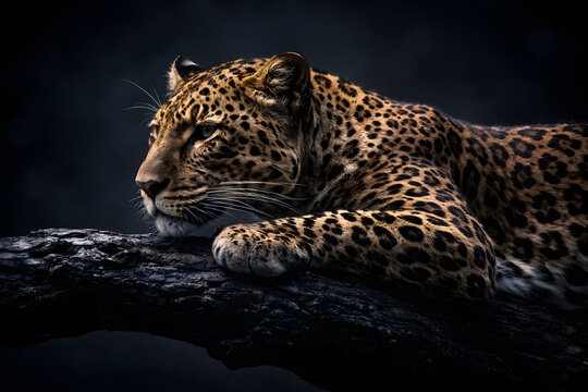 Close-up of a focused leopard stalking prey from a dark tree branch, symbolizing strategic business focus, patience, and leadership in a competitive corporate environment.