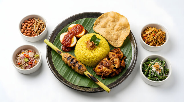 A vibrant Indonesian nasi kuning (yellow rice) platter on banana leaf with satay, ayam kecap, sambal telur, kerupuk, and side dishes.