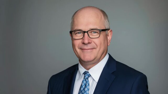 Businessman bald man glasses navy suit patterned tie headshot smiling middle aged confident studio